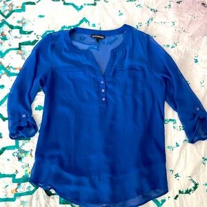 Express XS Sheer Cobalt Blue Adjustable Sleeve Blouse